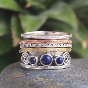 Beautiful Handcrafted Vintage Large Band Boho Style Three Tone Lapis Lazuli